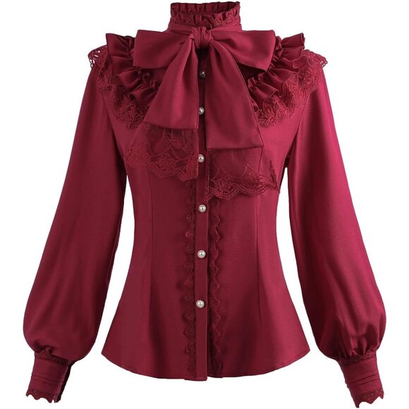 Women Red Gothic Blouse Shirt Vintage Long Sleeve Lotus Ruffle Tops - Picture 1 of 9